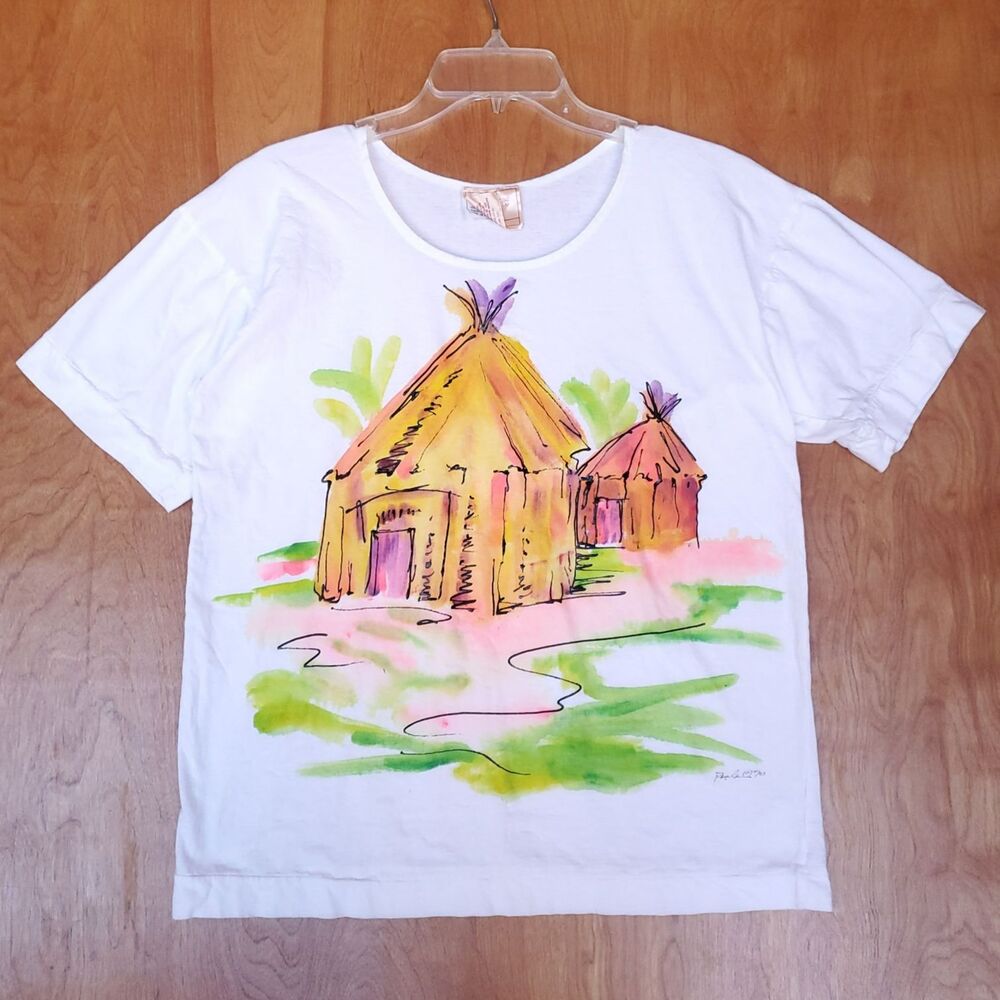 Vintage Hand Painted by Paula T Shirt Womens L Primitive Hut African Village Art
